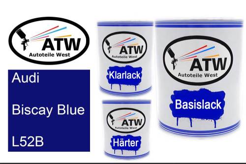 Audi, Biscay Blue, L52B: 1L Lackdose + 1L Klarlack + 500ml Härter - Set, von ATW Autoteile West.